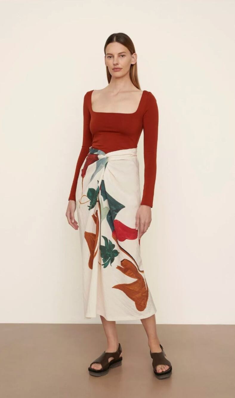 Vince Skirt XS Painted Abstract Draped Knot Midi in Milk Tencel Wrap Chic Casual
